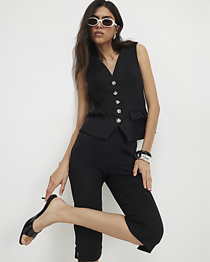 Black Cotton Sateen Capri Trousers