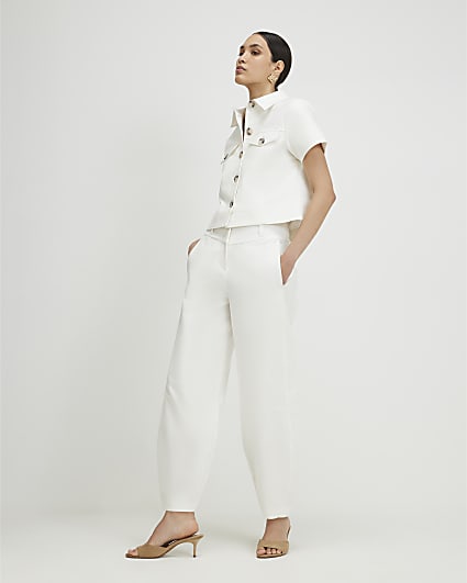 White Cotton Sateen Barrel Leg Trousers