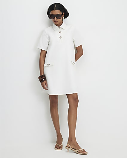 White Cotton Blend Mini Shirt Dress