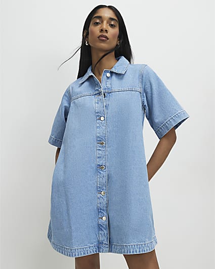 Blue Denim Short Sleeve Button Through Dress