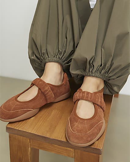 Brown Suede Ruched Sneakerina Ballet Trainers