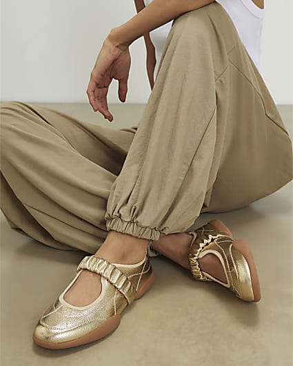 Gold Ruched Strap Sneakerina Ballet Trainers