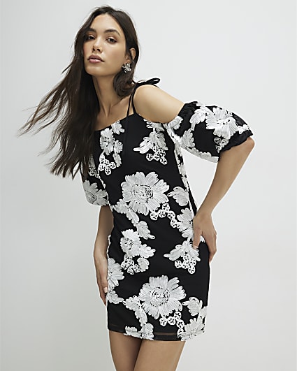 Black Short Sleeve Cornelli Mini Dress