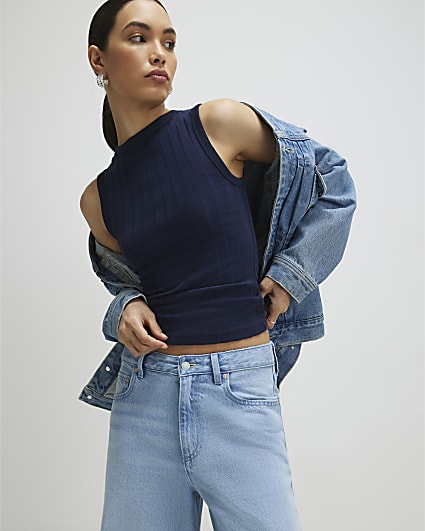 Navy Cotton Blend Scallop Tank Top | River Island