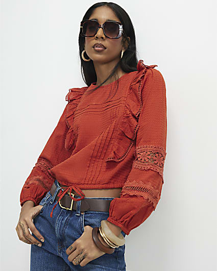 Orange Long Sleeve Ruffle Blouse