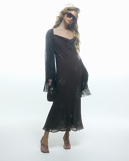 Brown Embellished Maxi Dress