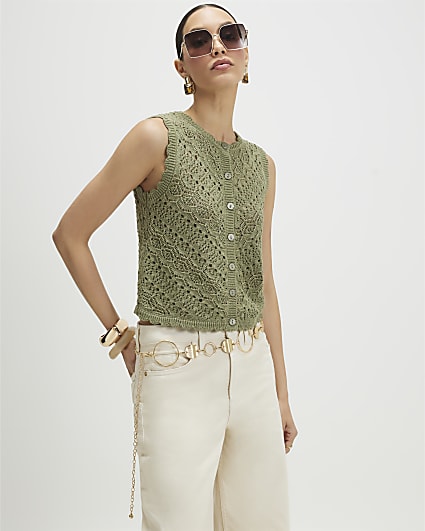Khaki Metallic Knit Scallop Trim Top
