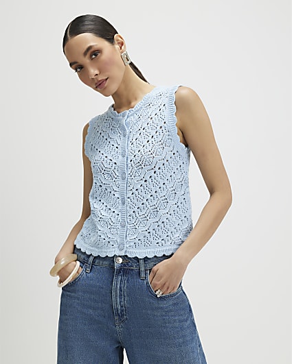 Blue Knit Scallop Trim Top