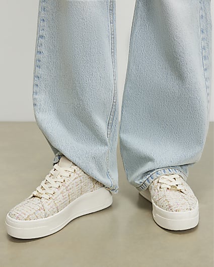 Beige Boucle Platform Trainers