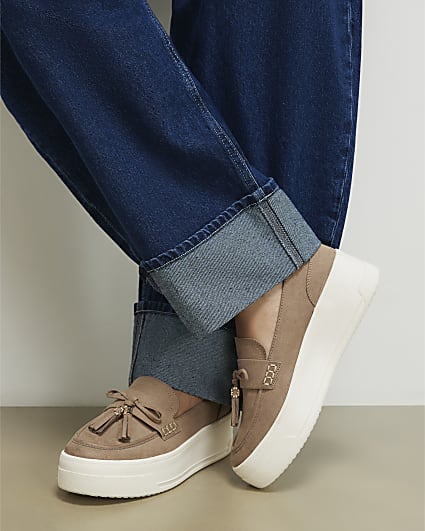 Beige Faux Suede Platform Tassel Trainers