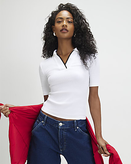 White Cotton Blend Ribbed Polo Top