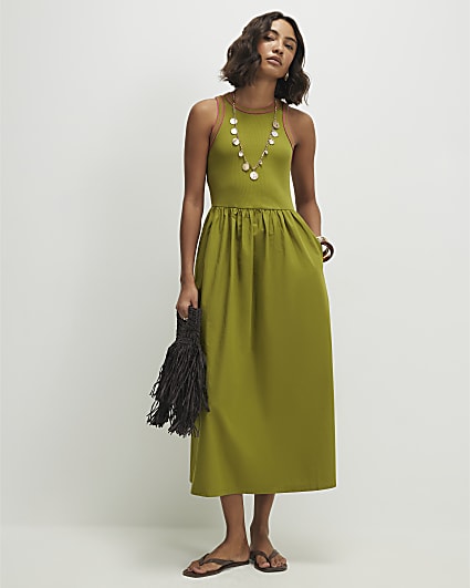 Green Cotton Sleeveless Whipstitch Maxi Dress