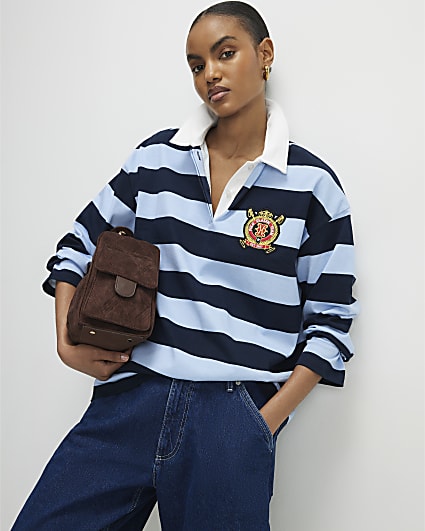 Navy Long Sleeve Striped Rugby Top