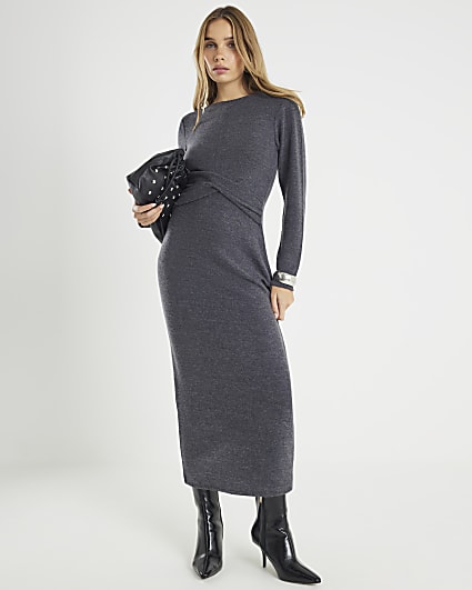 Grey Long Sleeve Cosy Twist Front Midi Dress