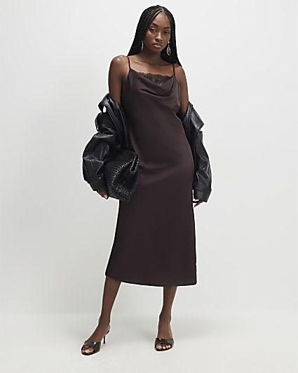 Brown Satin Cowl Neck Lace Trim Midi Dress