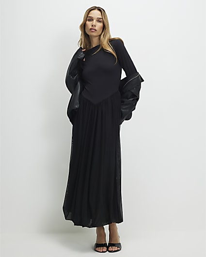 Black Bubble Hem Hybrid Midi Dress
