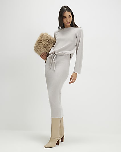 Beige Cosy Ribbed Midi Skirt