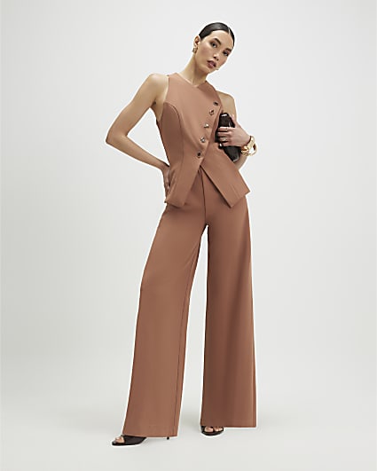 Brown Collarless Asymmetric Jumpsuit
