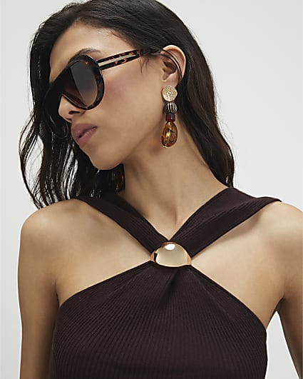 Brown Knitted Halter Neck Brooch Top