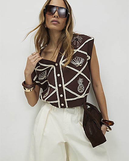 Brown Knitted Shell and Palm Tank Top
