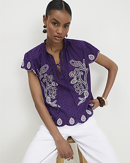 Purple Cotton Broderie Tie Neck Blouse