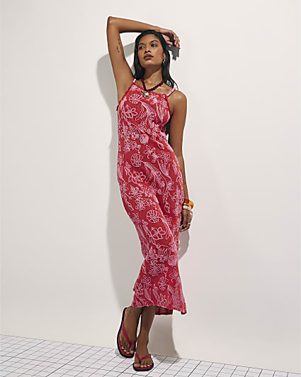 Red Shell Embroidered Crochet Maxi Dress