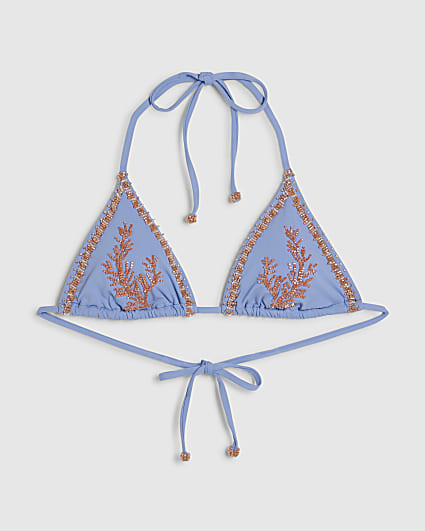 Blue Coral Print Beaded Bikini Top