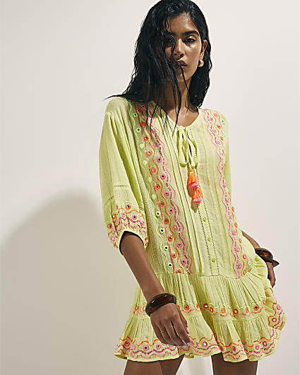 Green Mirror Embellished Mini Beach Dress