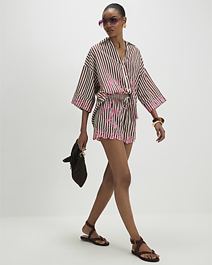 Brown Stripe Embroidered Toucan Shorts