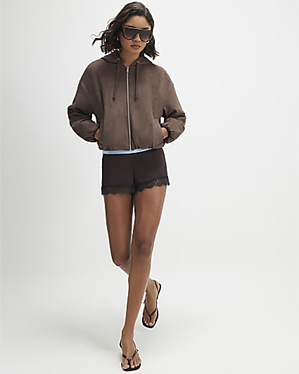 Brown Faux Suede Hooded Jacket