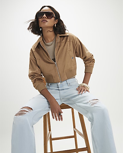 Beige Faux Suede Ribbed Hem Bomber Jacket