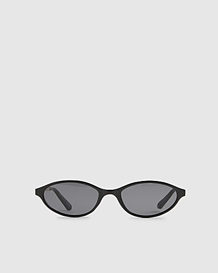 Black Slim Oval Gold Temple Sunglasses