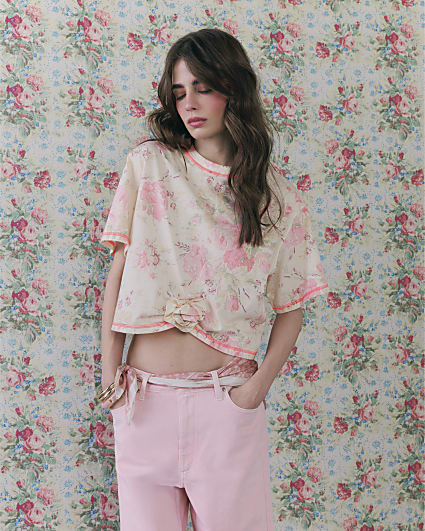 Cream Cotton Blend Floral Rose T-Shirt