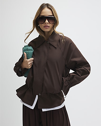 Brown Drop Hem Drawstring Jacket