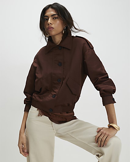 Brown Nylon Button Front Jacket