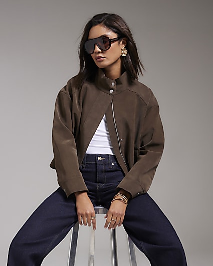 Brown Faux Leather Funnel Neck Bomber Jacket