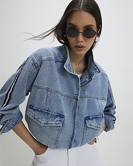 Blue Stripe Funnel Neck Denim Bomber Jacket
