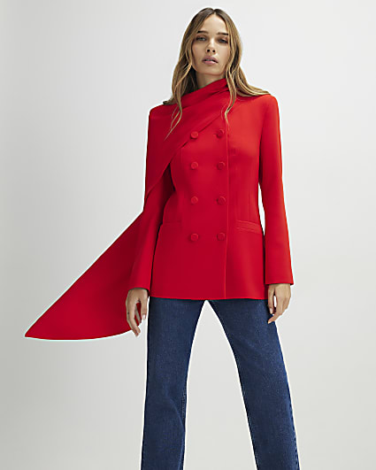 Red Long Sleeve Double Breasted Cape Blazer
