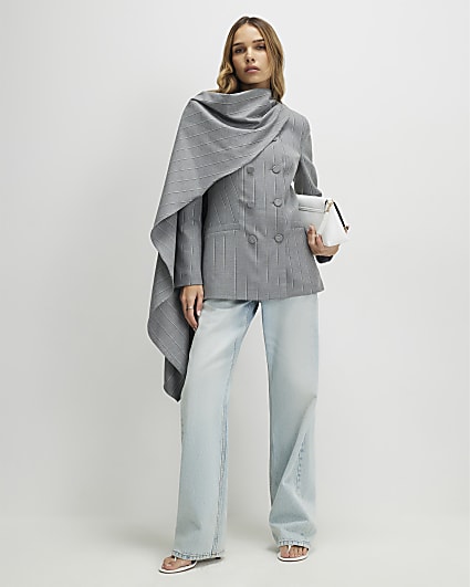 Grey Striped Double Breasted Cape Blazer