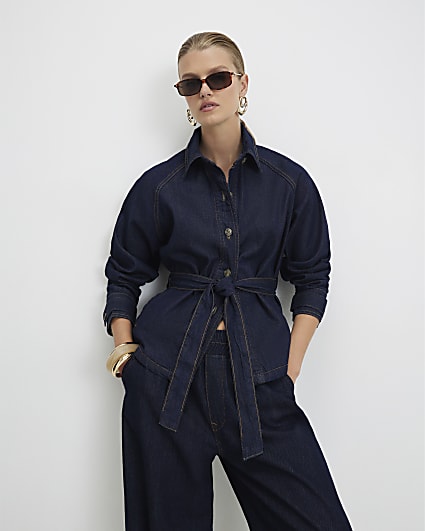 Blue Denim Cropped Trench Jacket