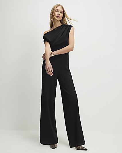 Black Sleeveless Asymmetric Drape Jumpsuit