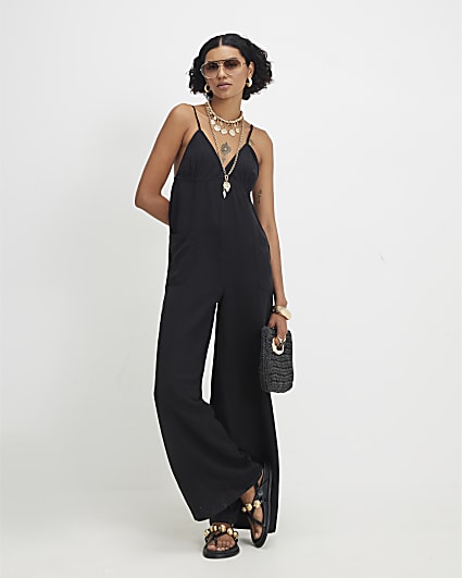Black Twill V-neck Jumpsuit