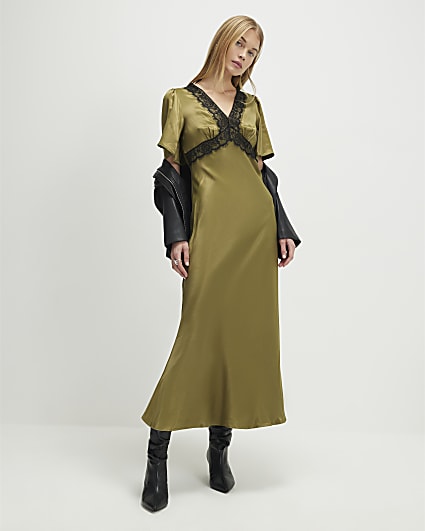 Khaki V Neck Lace Slip Dress