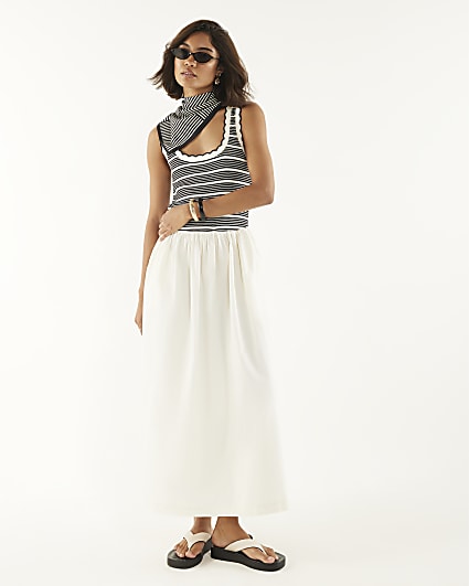 White Sleeveless Striped Hybrid Midi Dress
