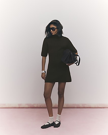 Brown High Neck Cosy Mini Dress