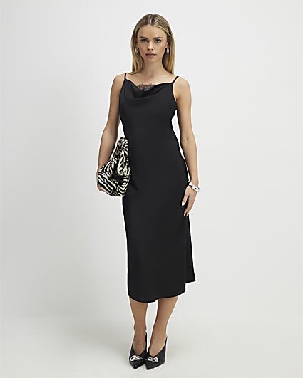 Petite Black Cowl Neck Lace Trim Midi Dress