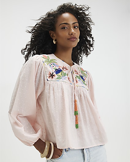 Pink Cotton Tropical Embroidered Smock Blouse
