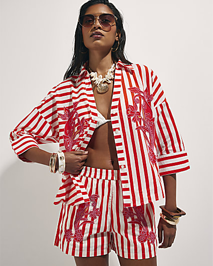 Red Cotton Stripe Beaded Shirt