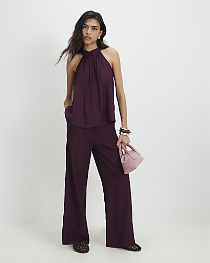 Purple Textured Wide Leg Trousers
