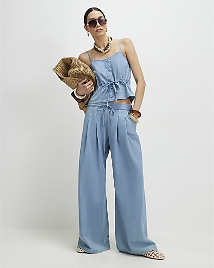 Blue Denim Look Drawstring Wide Leg Trousers